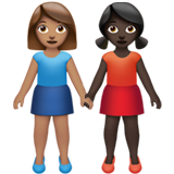 👩🏽‍🤝‍👩🏿 Women Holding Hands: Medium Skin Tone, Dark Skin Tone, Emoji by Apple