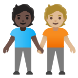 🧑🏿‍🤝‍🧑🏼 Deux Personnes Se Tenant La Main : Peau Foncée Et Peau Moyennement Claire Emoji par Google