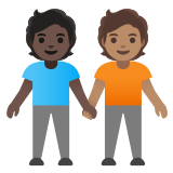 🧑🏿‍🤝‍🧑🏽 Deux Personnes Se Tenant La Main : Peau Foncée Et Peau Légèrement Mate Emoji par Google