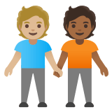🧑🏼‍🤝‍🧑🏾 People Holding Hands: Medium-Light Skin Tone, Medium-Dark Skin Tone, Emoji by Google