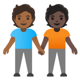 🧑🏾‍🤝‍🧑🏿 Deux Personnes Se Tenant La Main : Peau Mate Et Peau Foncée Emoji par Google