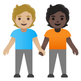 🧑🏼‍🤝‍🧑🏿 Deux Personnes Se Tenant La Main : Peau Moyennement Claire Et Peau Foncée Emoji par Google
