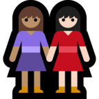 👩🏽‍🤝‍👩🏻 Händchen Haltende Frauen: Mittlere Hautfarbe, Helle Hautfarbe Emoji von Microsoft